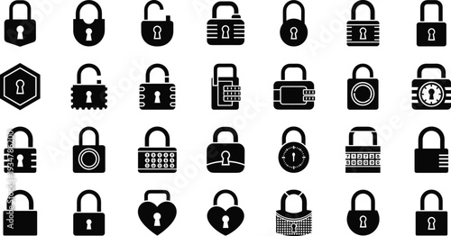 Black silhouette vector icon set of various security padlocks including combination locks keyholes and heart shapes isolated on white background