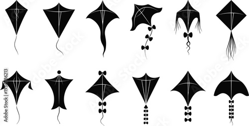Kite silhouettes vector set, flying designs, traditional and creative shapes, tails, bows, strings, outdoor activity, cultural art, aerodynamics illustration collection