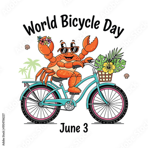 World Bicycle Day Lobster on Bike with Tropical Flowers and Palm Trees