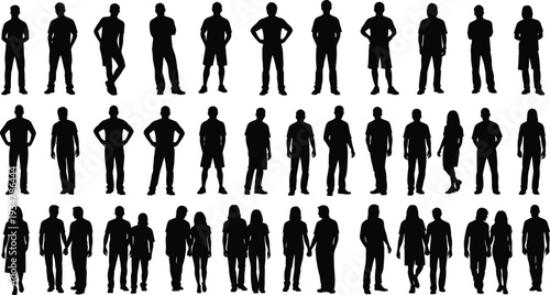 People silhouettes vector set, diverse male and female figures, casual and formal clothing, standing poses, pairs, social interaction, human illustration design