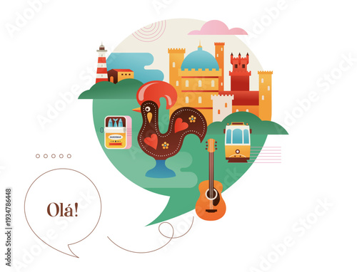 Portugal touristic attractions, landmarks and symbols colorful banner, poster and postcard background.