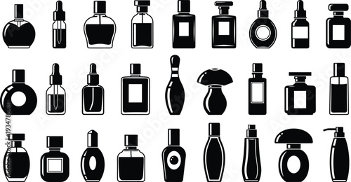 Perfume and cosmetic bottle silhouettes vector set, fragrance containers, spray, dropper, decorative packaging, beauty design, branding illustration collection