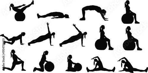 Silhouette fitness exercises, stability ball workout, core training, stretching poses, balance routine, strength exercise, gym illustration, healthy lifestyle, isolated background