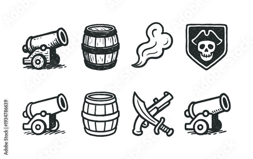 Pirate-themed outline icon set: adventure, treasure hunt, ship, sword, skull icons collection