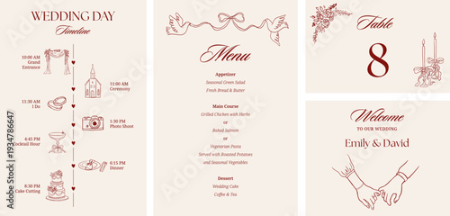 Wedding Invitations and stationary set. Hand drawn whimsical illustrations. Wedding timeline and table number elegant romantic design.