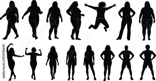 Silhouettes of diverse human body types, standing, walking, posing, jumping, fitness, health, diversity, design, posture, lifestyle, collection