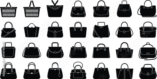 Handbag silhouettes, fashion accessories, tote bag, satchel illustration, shoulder bag design, purse icons, stylish collection, black shadow figures, isolated background