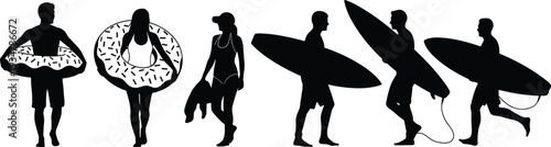 Silhouettes of people in beachwear, surfboards, inflatable rings, towel, walking, standing, surfing, summer, lifestyle, ocean, water sports, collection, design