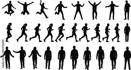 Silhouettes of people running, walking, jumping, standing, human motion, posture, fitness, activity, design, animation, lifestyle, collection, movement, dynamic