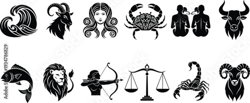 Zodiac signs vector silhouettes set, astrology symbols, horoscope icons, star signs, celestial art, mystical design, astrology illustration, cosmic graphic collection