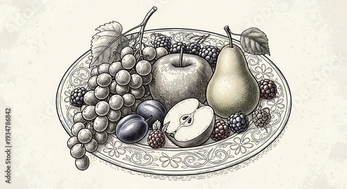A beautifully illustrated plate of fresh fruit, including grapes, apples, and pears, in a detailed vector graphic design.