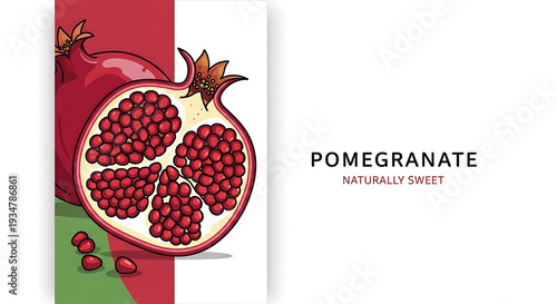 A vibrant vector graphic illustration of a pomegranate with the words 'Pomegranate Naturally Sweet' on a clean white background