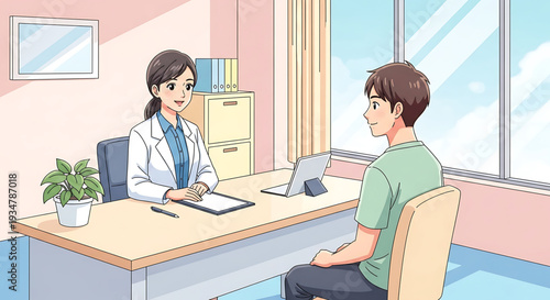 A doctor and patient having a consultation in a modern medical office with a laptop and plant