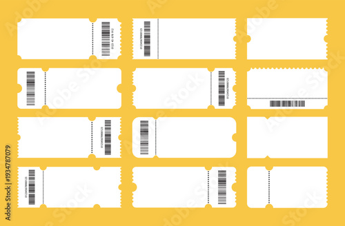 Set of white blank tickets mockup. Empty flat template Tickets. For cinema, sale coupon, circus, theater, festival. Minimalist coupons set. Isolated background