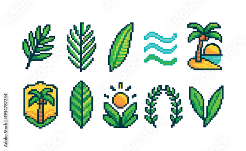 Nature and tropical pixel icon set. pixelated icons in vibrant, retro style.