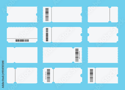 Set of white blank tickets mockup. Empty flat template Tickets. For cinema, sale coupon, circus, theater, festival. Minimalist coupons set. Isolated background