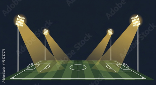 Empty green soccer field illuminated by multiple tall floodlight towers at dark night vector illustration