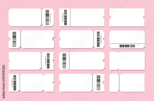 Set of white blank tickets mockup. Empty flat template Tickets. For cinema, sale coupon, circus, theater, festival. Minimalist coupons set. Isolated background