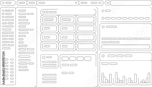 Abstract wireframe mockup of a software dashboard user interface for data analytics and management