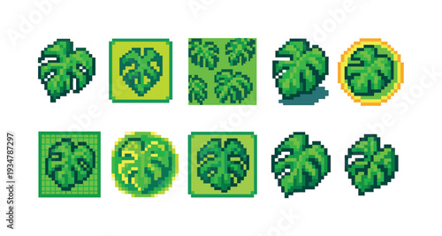 Nature pixel art icon set. greenery, plant icons in pixel art style collection.