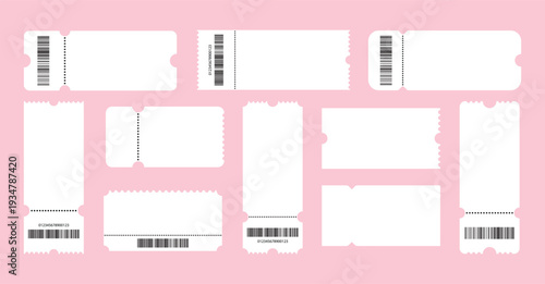 Set of white blank tickets mockup. Empty flat template Tickets. For cinema, sale coupon, circus, theater, festival. Minimalist coupons set. Isolated background