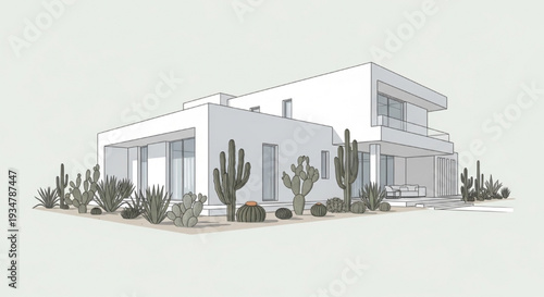 Luxury modern white minimalist house with large windows in desert landscape with cacti vector illustration