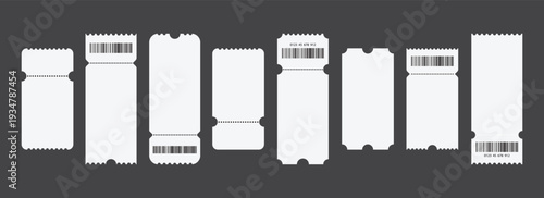 Set of white blank tickets mockup. Empty flat template Tickets. For cinema, sale coupon, circus, theater, festival. Minimalist coupons set. Isolated background