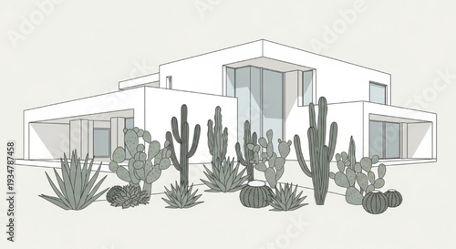 Stylish modern white architectural luxury house with lush cactus garden in desert setting vector illustration