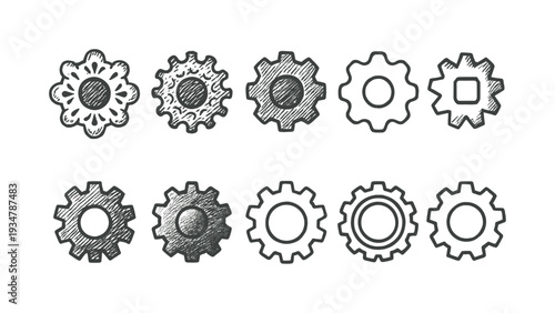 Hand-drawn gear icon set. mechanical, engineering outline icons collection