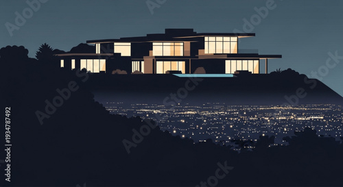 Stunning luxury modern house on hill overlooking sparkling city lights at night vector illustration