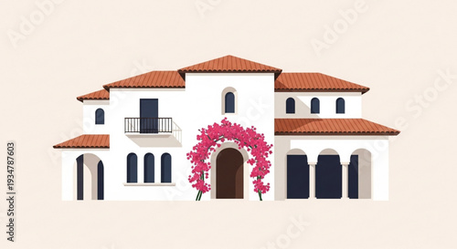 Beautiful white Mediterranean luxury villa with pink bougainvillea flower arch at entrance vector illustration
