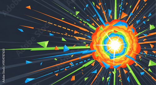 A vibrant vector graphic illustration of a colorful explosion with geometric shapes and lines radiating from a bright center