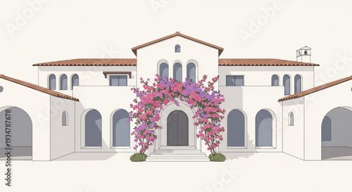 Stunning elegant white Mediterranean luxury villa with large pink bougainvillea arch over main entrance vector illustration