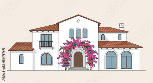 Stylish modern white Mediterranean luxury villa with vibrant pink bougainvillea flowers by entrance vector illustration