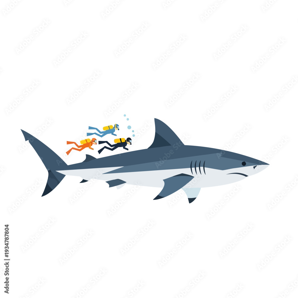 Fototapeta premium Scuba Divers Swimming Behind a Large Shark