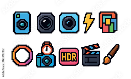 Photography and editing icon set. retro, vintage style pixel art icons collection.