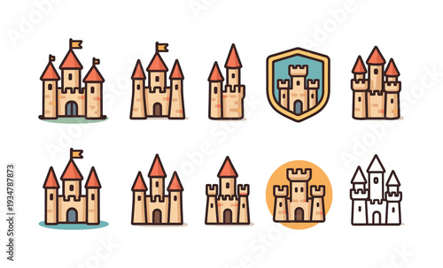 Castle icon set with 3d, flat, and outline styles for medieval-themed designs