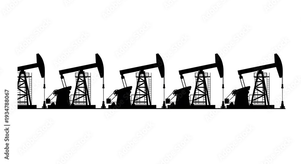 Obraz premium A black silhouette illustration of multiple oil pumps on a white background