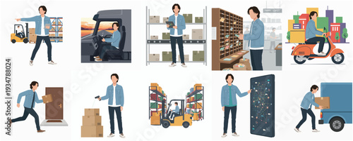 Flat Style Detailed Man Delivering Packages and Operating Delivery Vehicles Illustration