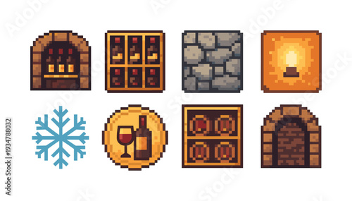 Pixel art retro icon set. vintage, pixelated decoration icons in outline style.