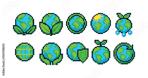 Environment, nature pixel icon set. eco-friendly, earth day icons in pixel art style.