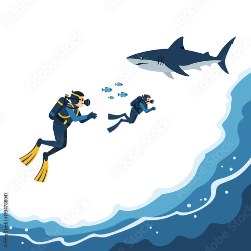 Scuba divers encounter a shark while swimming in the ocean with small fish