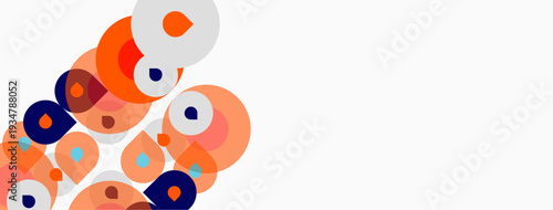 Abstract shapes, circles, orange, blue hues dominate composition. Minimalist design, clean aesthetic, modern feel. Simple geometry.