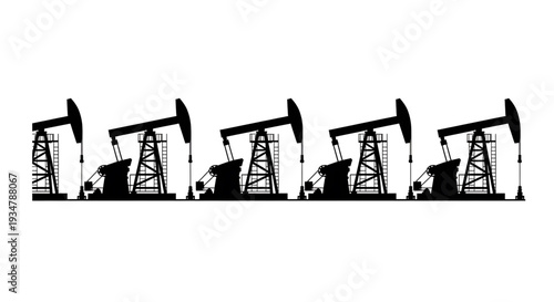 A black silhouette illustration of multiple oil pumps on a white background