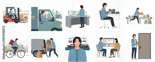 Flat Style Logistics and Distribution Illustration Set with People and Processes