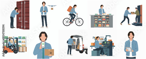 Simple Illustration Courier Service and Logistics Delivery Process Character Set