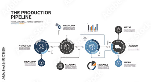 A vector graphic illustrating the production pipeline from raw materials to finished product