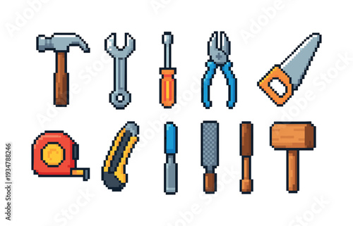 Tools pixel icon set. diy, carpentry, pixelated tool icons outline collection.