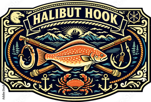 Halibut Hook Vintage Alaska Badge Vector Art