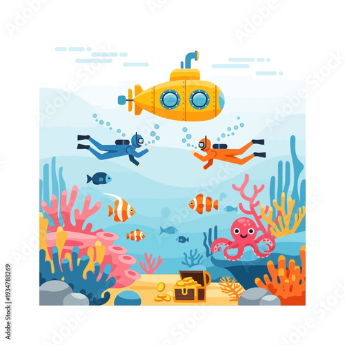 Scuba divers explore underwater world with yellow submarine, coral reef, and treasure chest